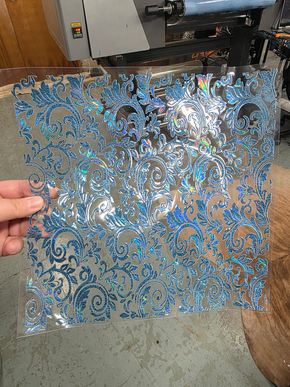 UVDTF Laser Holographic Dusty Blue Tooled Leather 11"x11"