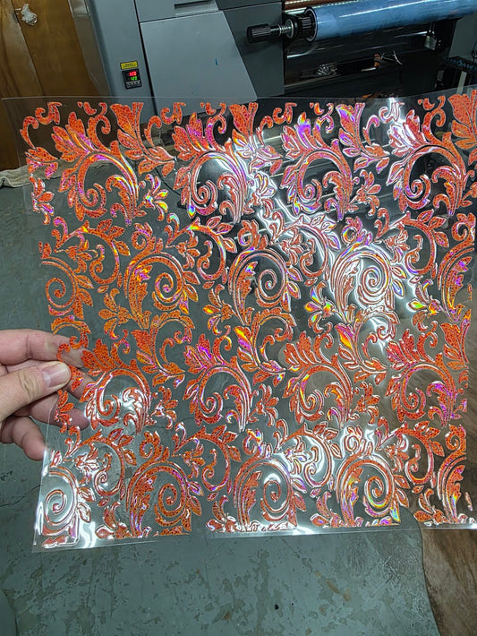 UVDTF Laser Holographic Burnt Orange Tooled Leather 11"x11"