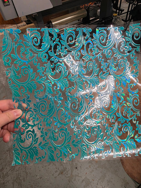 UVDTF Laser Holographic Patina Teal Tooled Leather 11"x11"