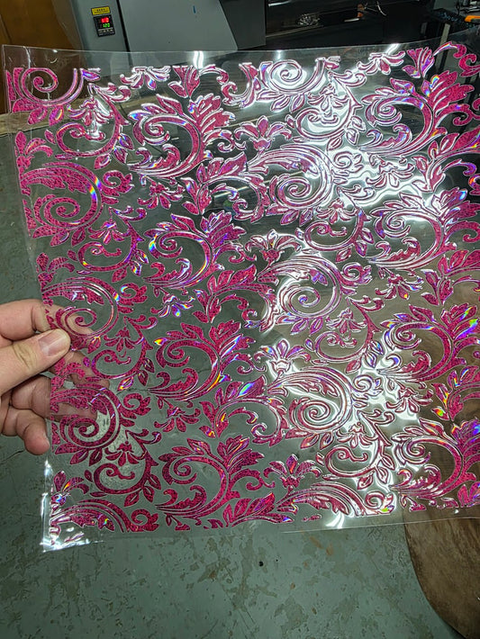 UVDTF Laser Holographic Hot Pink Tooled Leather 11"x11"