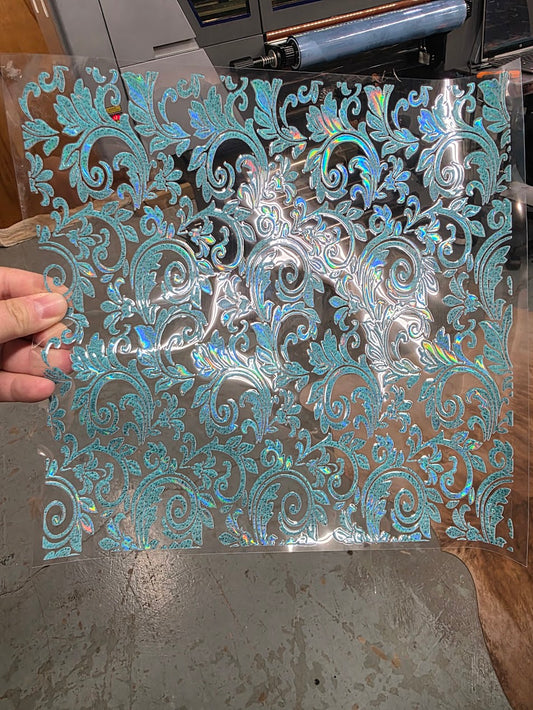 UVDTF Laser Holographic Turquoise Tooled Leather 11"x11"