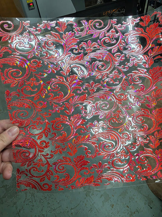 UVDTF Laser Holographic Lipstick Red Tooled Leather 11"x11"