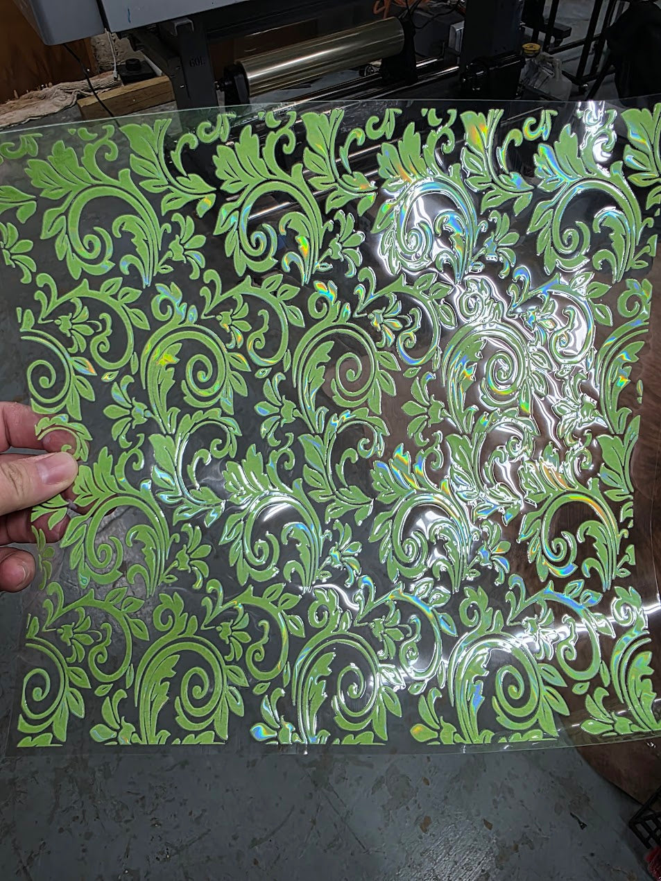 UVDTF Laser Holographic Lime Tooled Leather 11"x11"