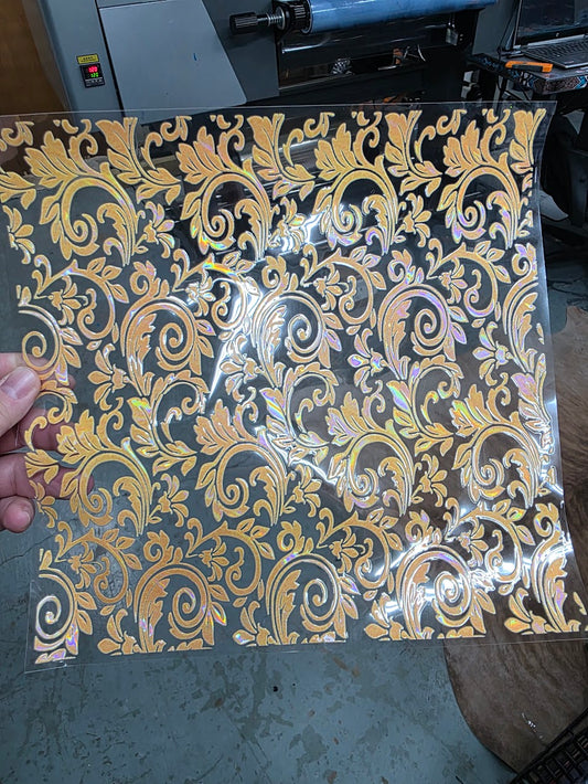 UVDTF Laser Holographic Desert Gold Tooled Leather 11"x11"
