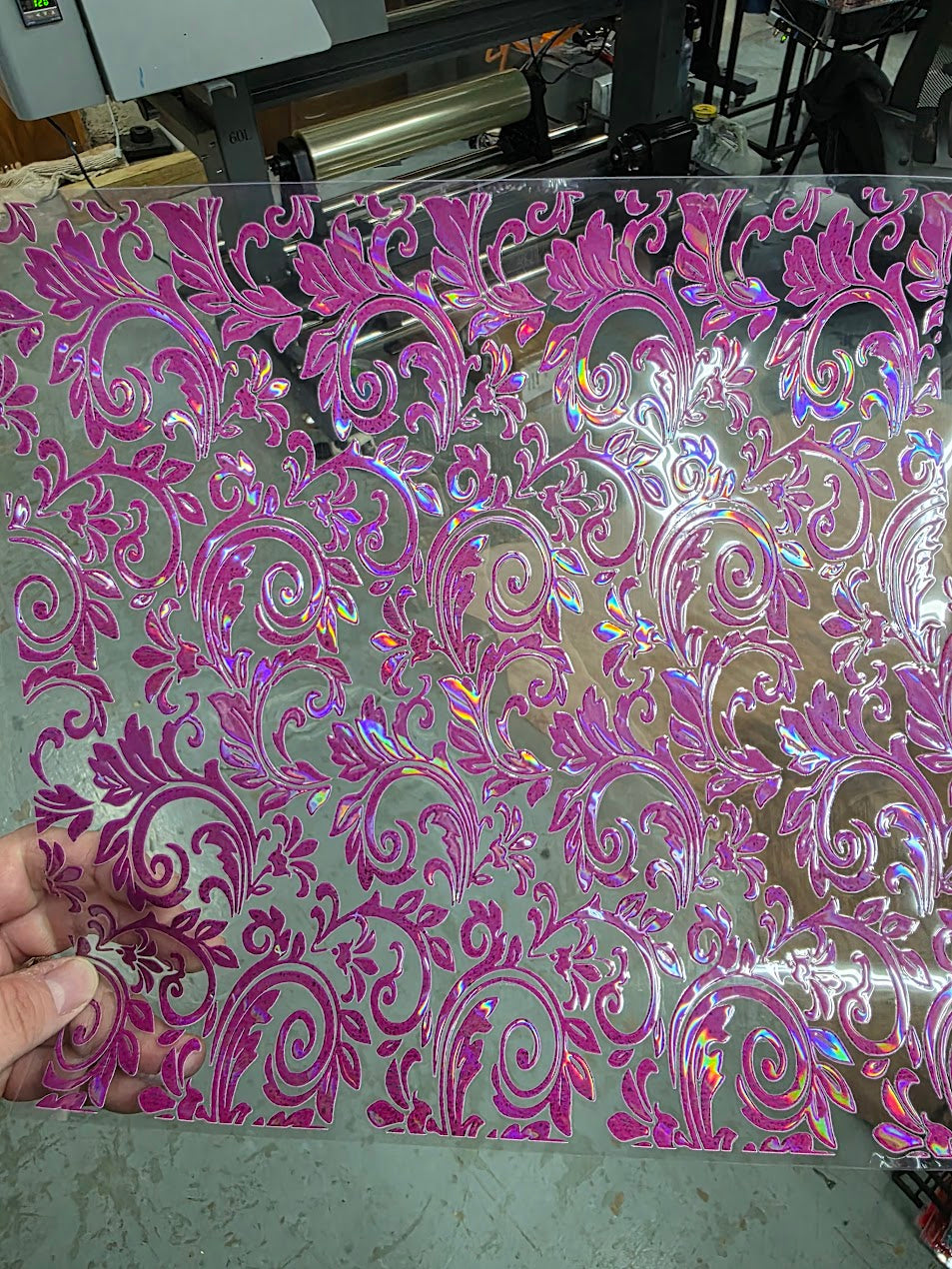 UVDTF Laser Holographic Magenta Tooled Leather 11"x11"
