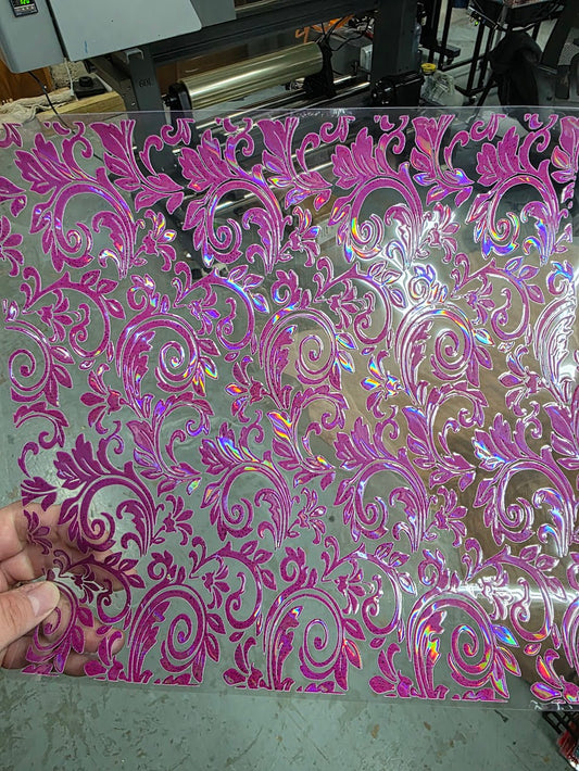 UVDTF Laser Holographic Magenta Tooled Leather 11"x11"