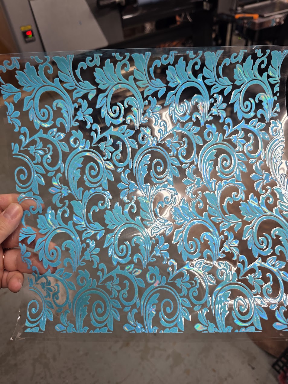 UVDTF Laser Holographic Aqua Tooled Leather 11"x11"