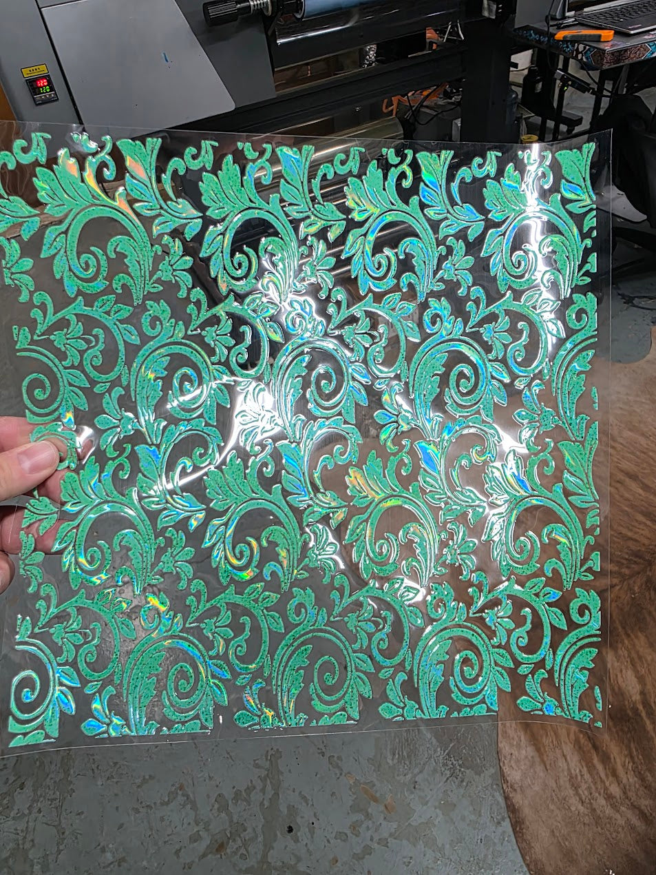 UVDTF Laser Holographic Electric Mint Tooled Leather 11"x11"