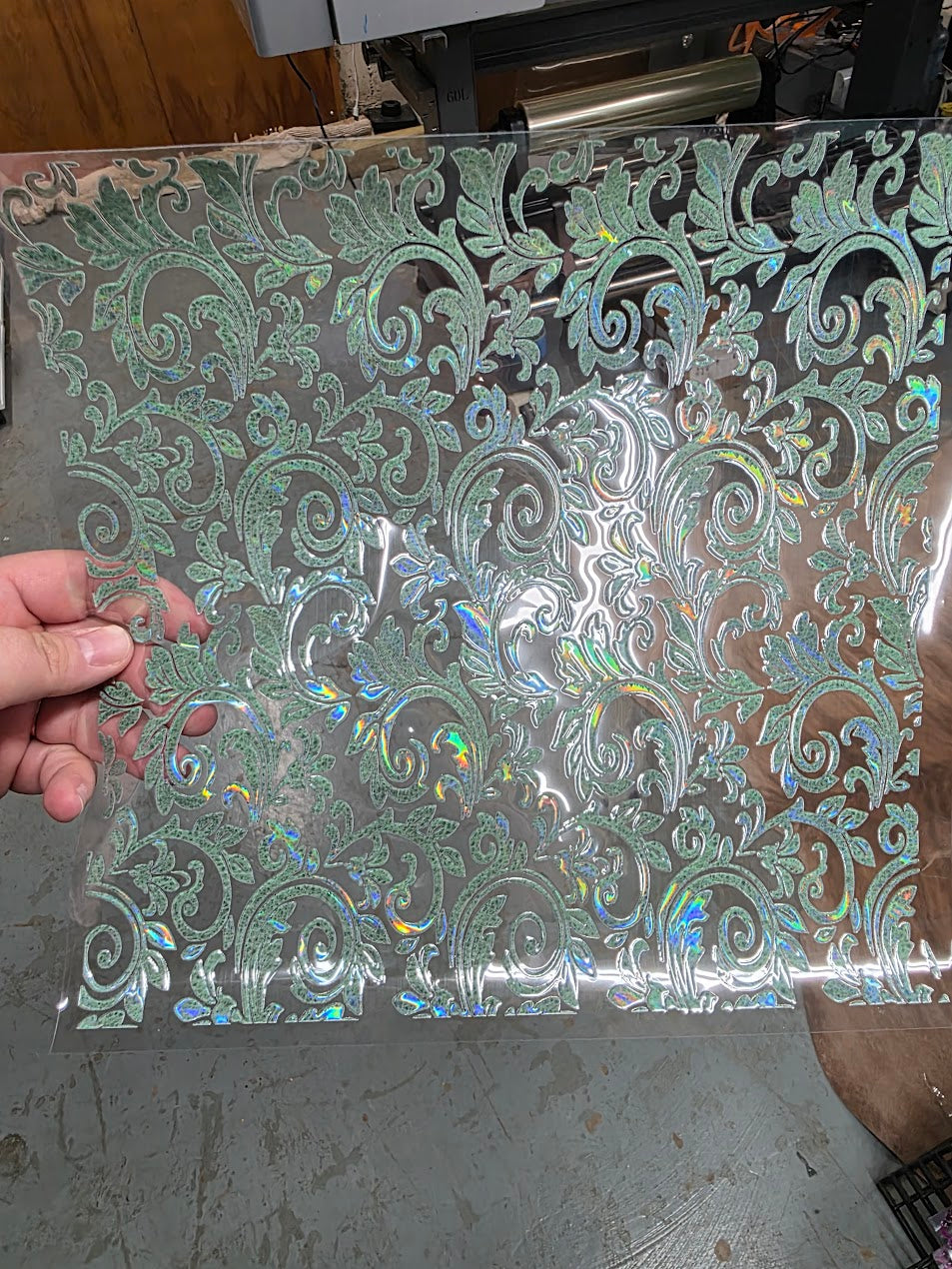 UVDTF Laser Holographic Sage Tooled Leather 11"x11"
