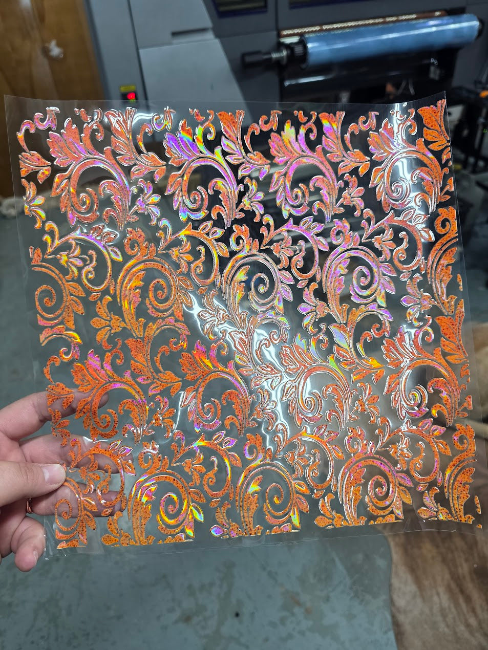 UVDTF Laser Holographic Rust Orange Tooled Leather 11"x11"