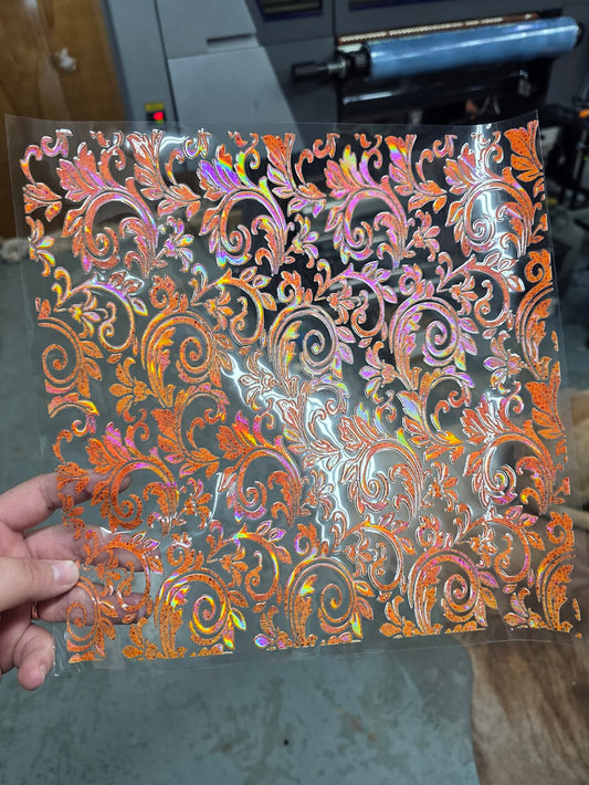 UVDTF Laser Holographic Rust Orange Tooled Leather 11"x11"