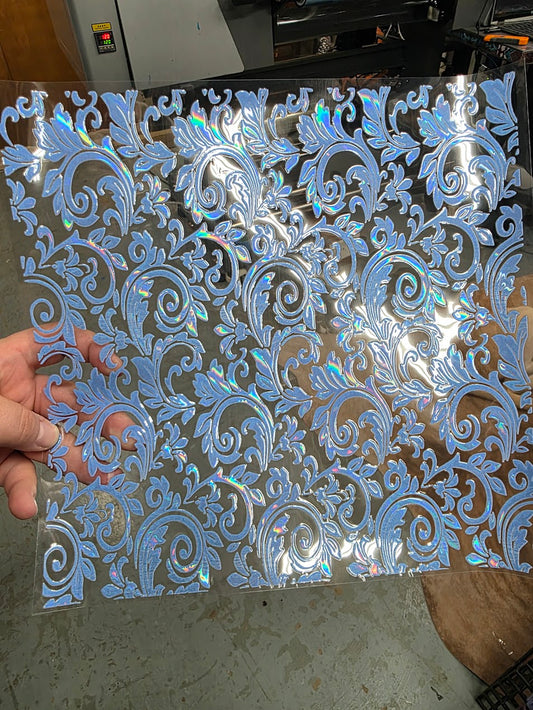 UVDTF Laser Holographic Periwinkle Tooled Leather 11"x11"