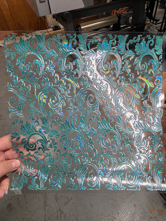 UVDTF Laser Holographic Minty Teal Tooled Leather 11"x11"