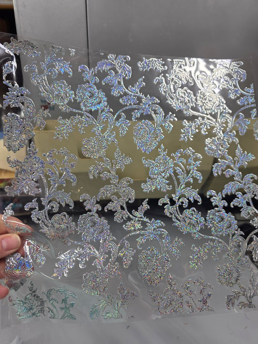 UVDTF Prism Silver Holographic Baroque Floral 11"x11"