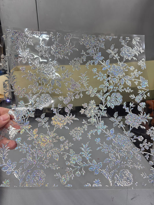 UVDTF Prism Silver Holographic Toile de Jouy Floral 11"x11"