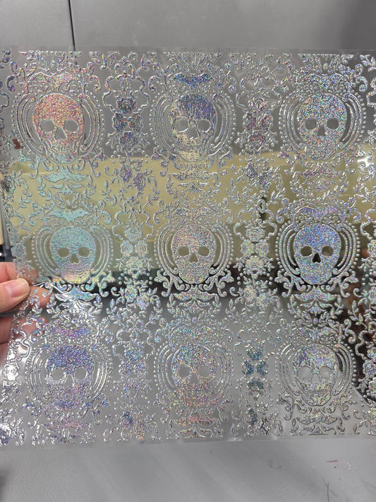 UVDTF Prism Silver Holographic Gothic Skull Damask 11"x11"