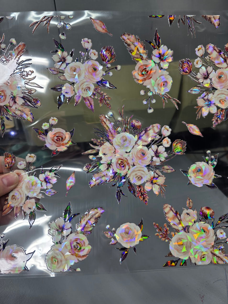 UVDTF Shattered Holographic Blush and Cream Boho Floral 11"x11"
