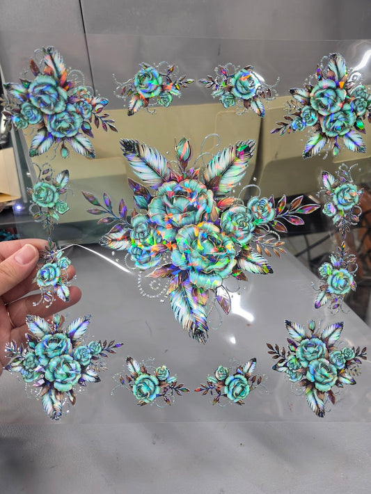 UVDTF Shattered Holographic Aqua Roses 11"x11"
