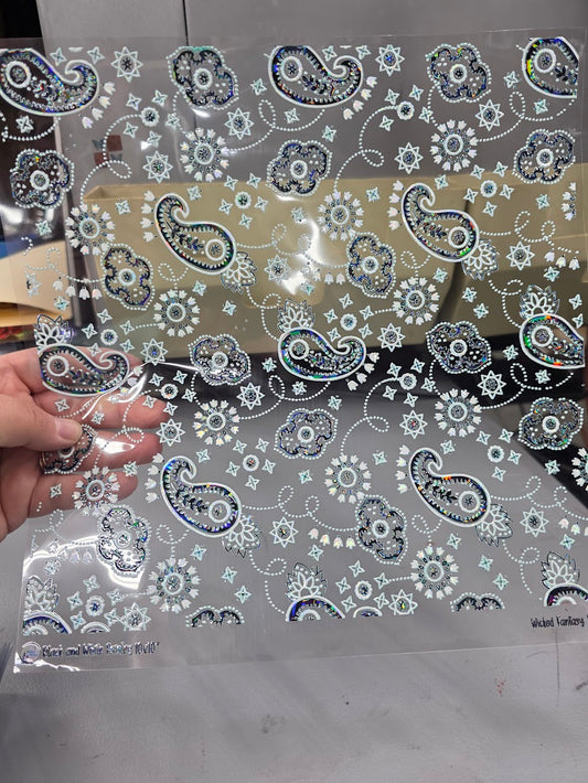 UVDTF Shattered Holographic Teal Black and White Paisley 11"x11"