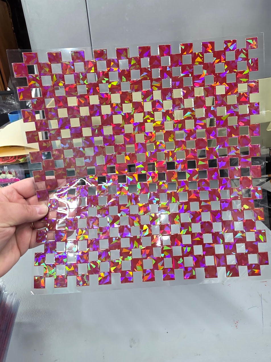 UVDTF Shattered Holographic Red Small Checkered 11"x11"