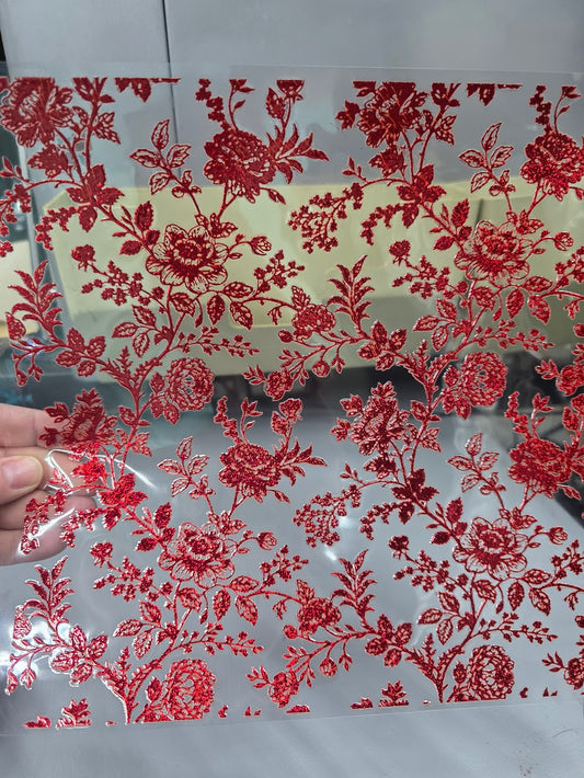 UVDTF Prism Red Metallic Toile De Jouy Floral 11"x11"
