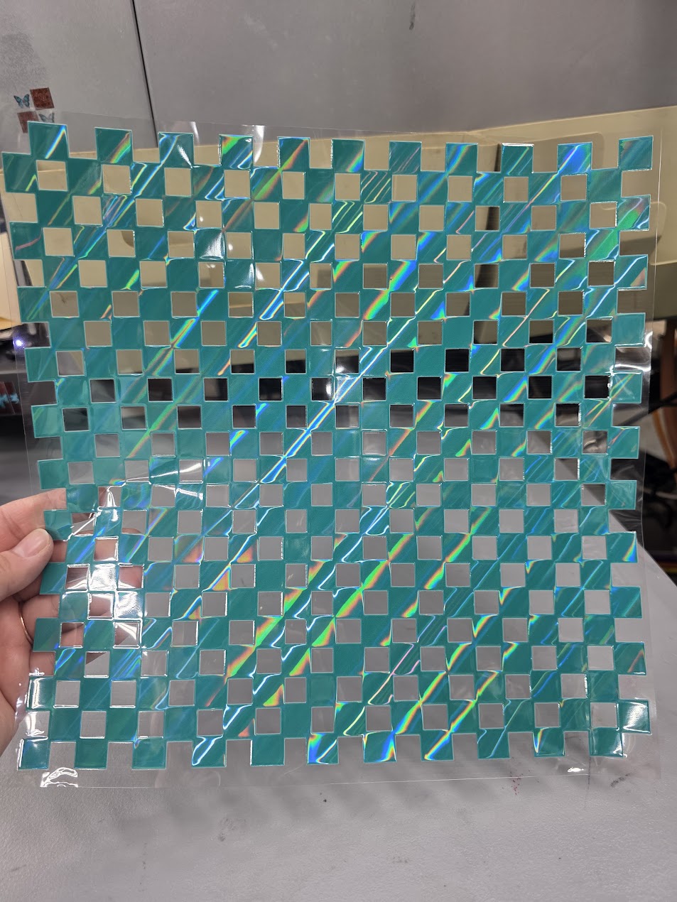 UVDTF Laser Holographic Patina Teal Small Checkered 11"x11"
