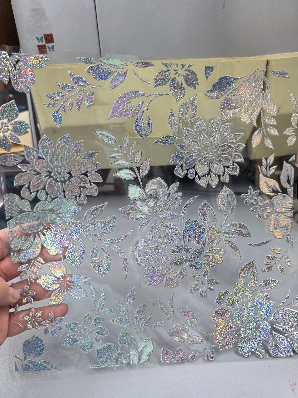 UVDTF Prism Silver Holographic Dahlia and Peonies 11"x11"