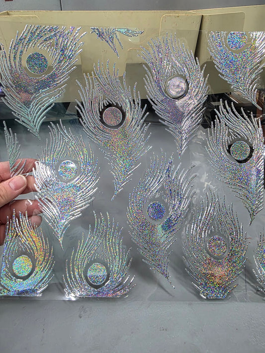 UVDTF Prism Silver Holographic Peacock Feathers Separate 11"x11"
