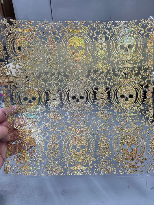 UVDTF Prism Gold Holographic Gothic Skull Damask 11"x11"