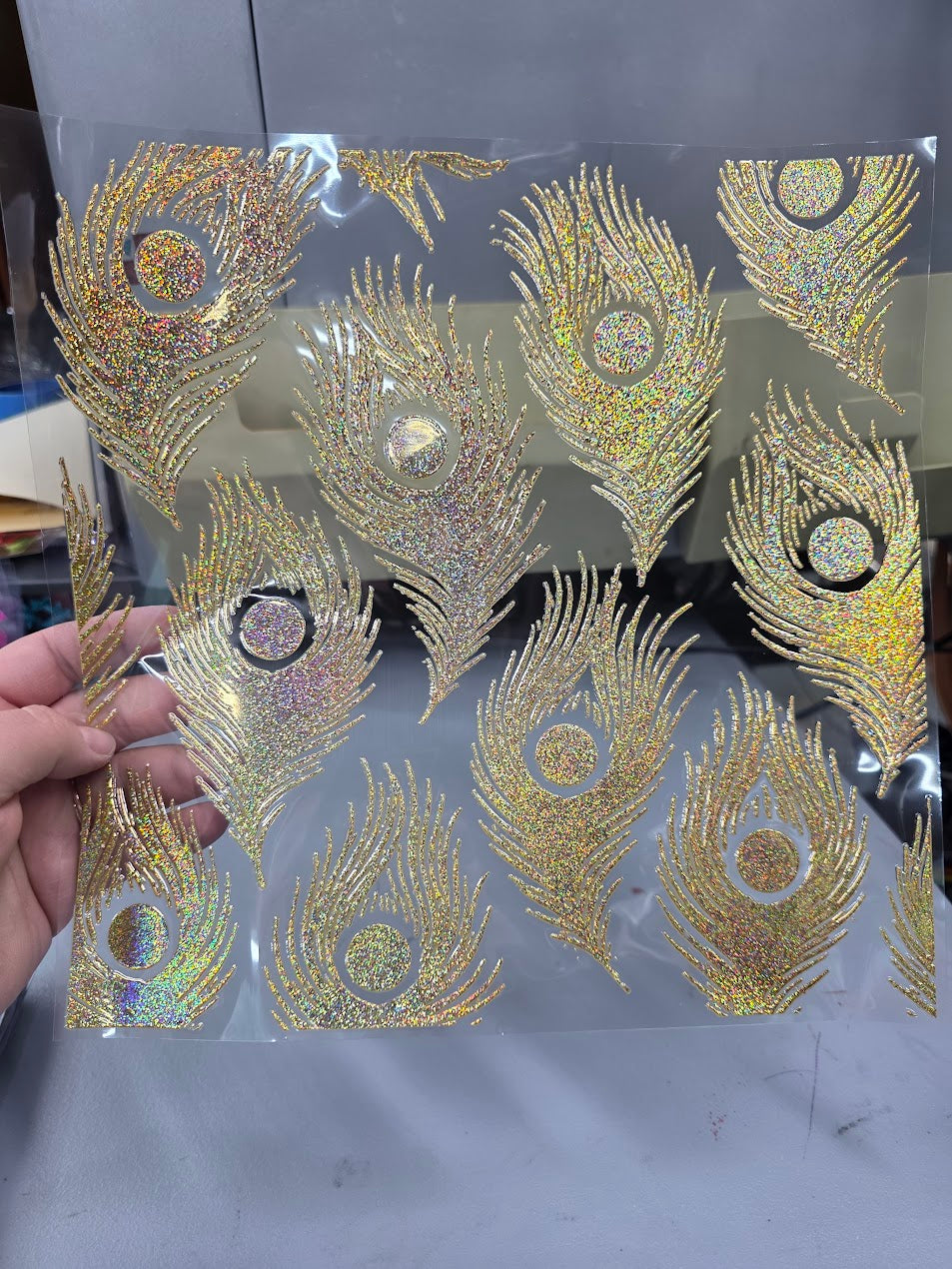 UVDTF Prism Gold Holographic Peacock Feathers Separate 11"x11"