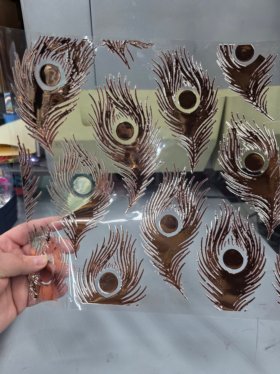 UVDTF Rose Gold Metallic Peacock Feathers Separate 11"x11"