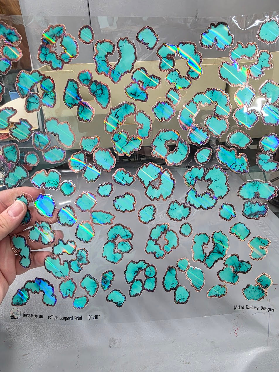UVDTF Laser Holographic Turquoise and Leather Leopard 11"x11"