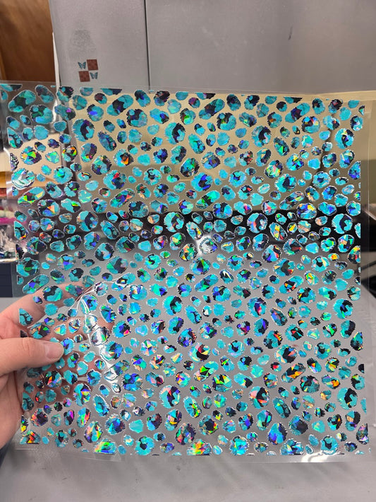 UVDTF Shattered Holographic Grunge Turquoise and Leather Small Leopard Print 11"x11"