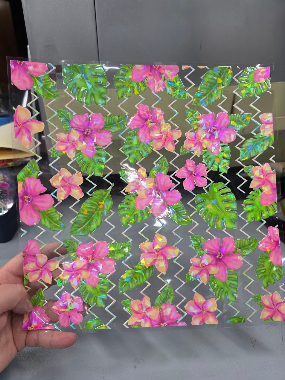 UVDTF Shattered Holographic Tropical Floral  11"x11"