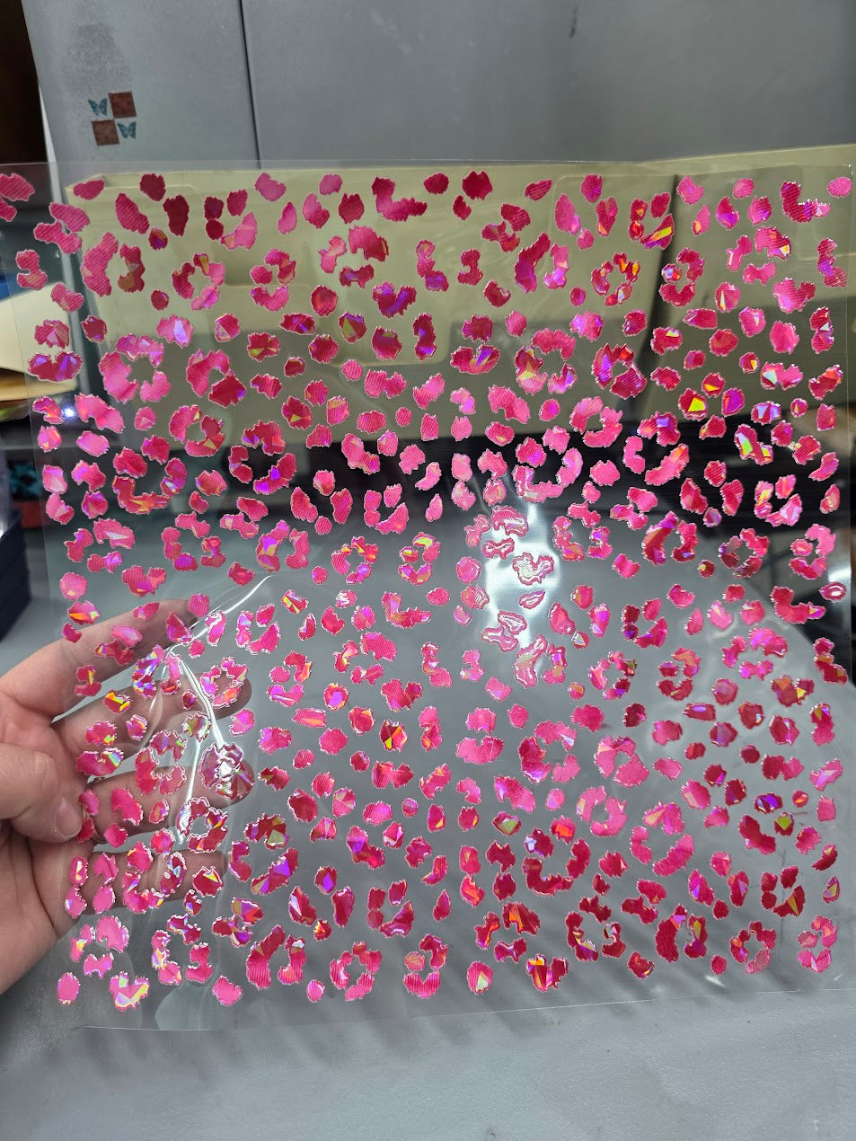 UVDTF Shattered Holographic Pink Marble Small Leopard Print 11"x11"