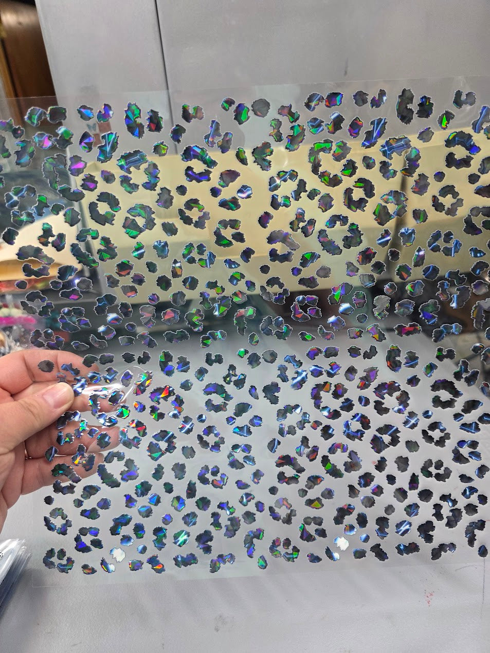 UVDTF Shattered Holographic Black Lightning Small Leopard Print 11"x11"