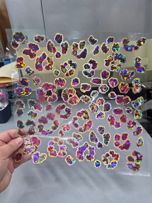 UVDTF Shattered Holographic Burgundy and Gold Leopard Print 11"x11"