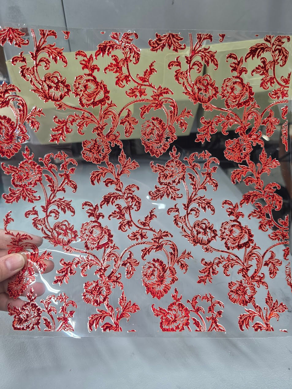 UVDTF Prism Red Metallic Baroque Floral 11"x11"