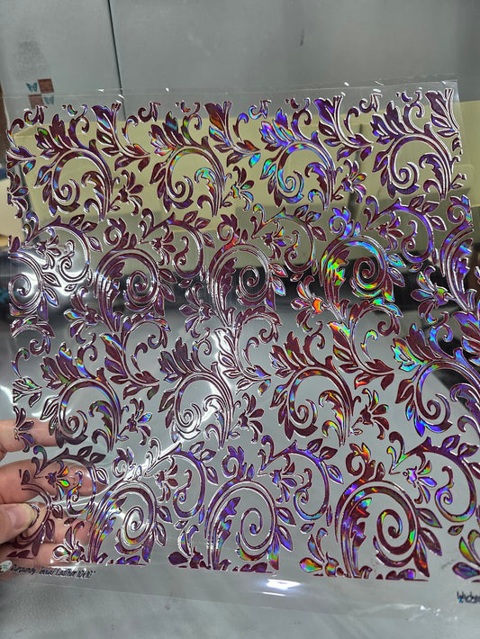 UVDTF Laser Holographic Burgundy Tooled Leather 11"x11"