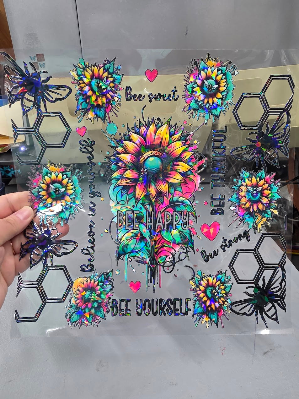 UVDTF Shattered Holographic Turquoise Rounded Cow Print 11"x11"