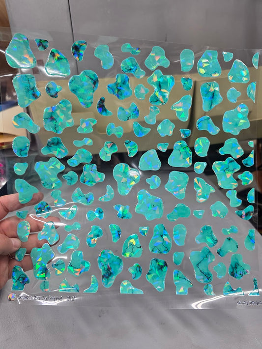 UVDTF Shattered Holographic Turquoise Rounded Cow Print 11"x11"