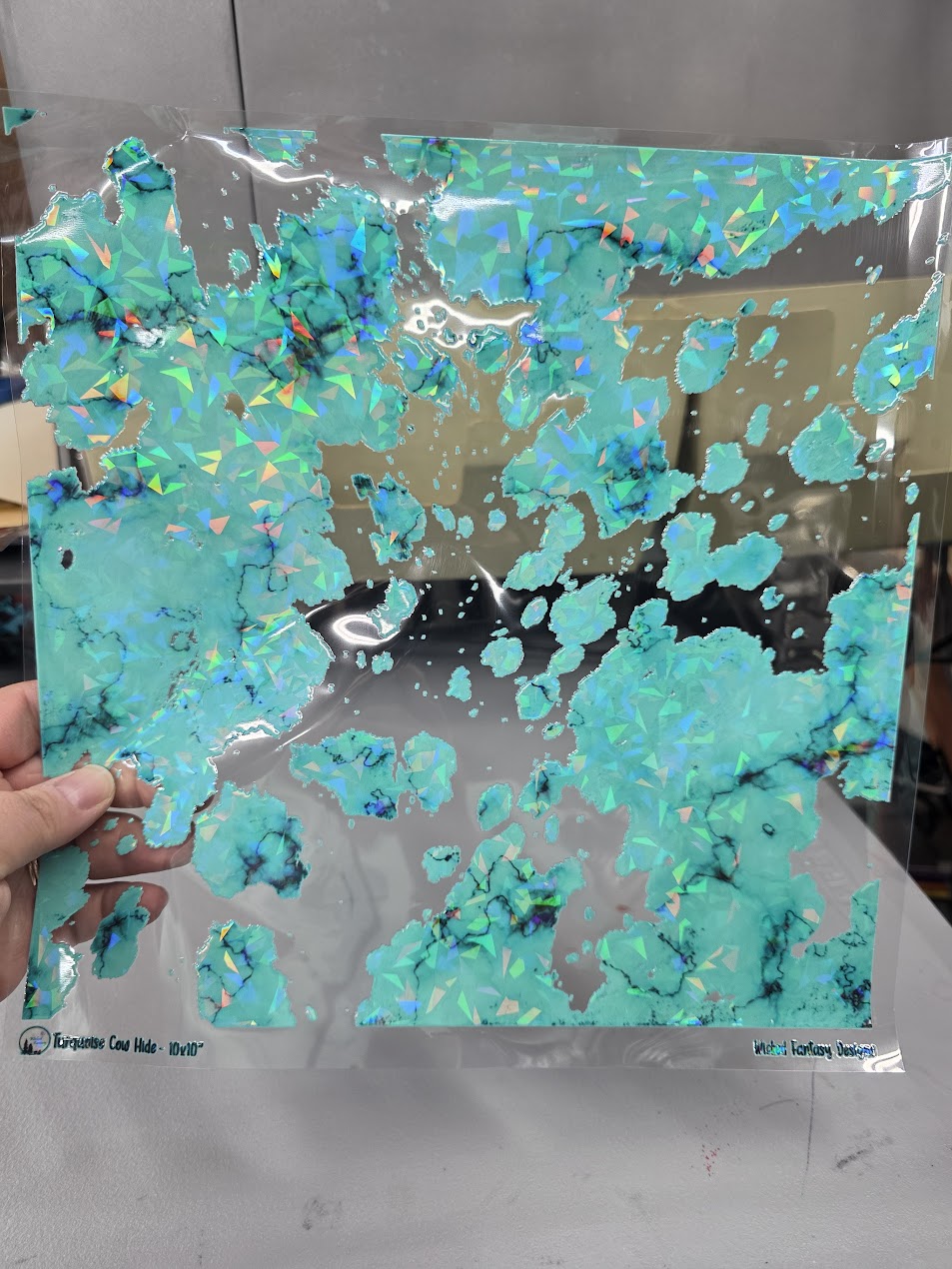 UVDTF Shattered Holographic Turquoise Cow Hide 11"x11"