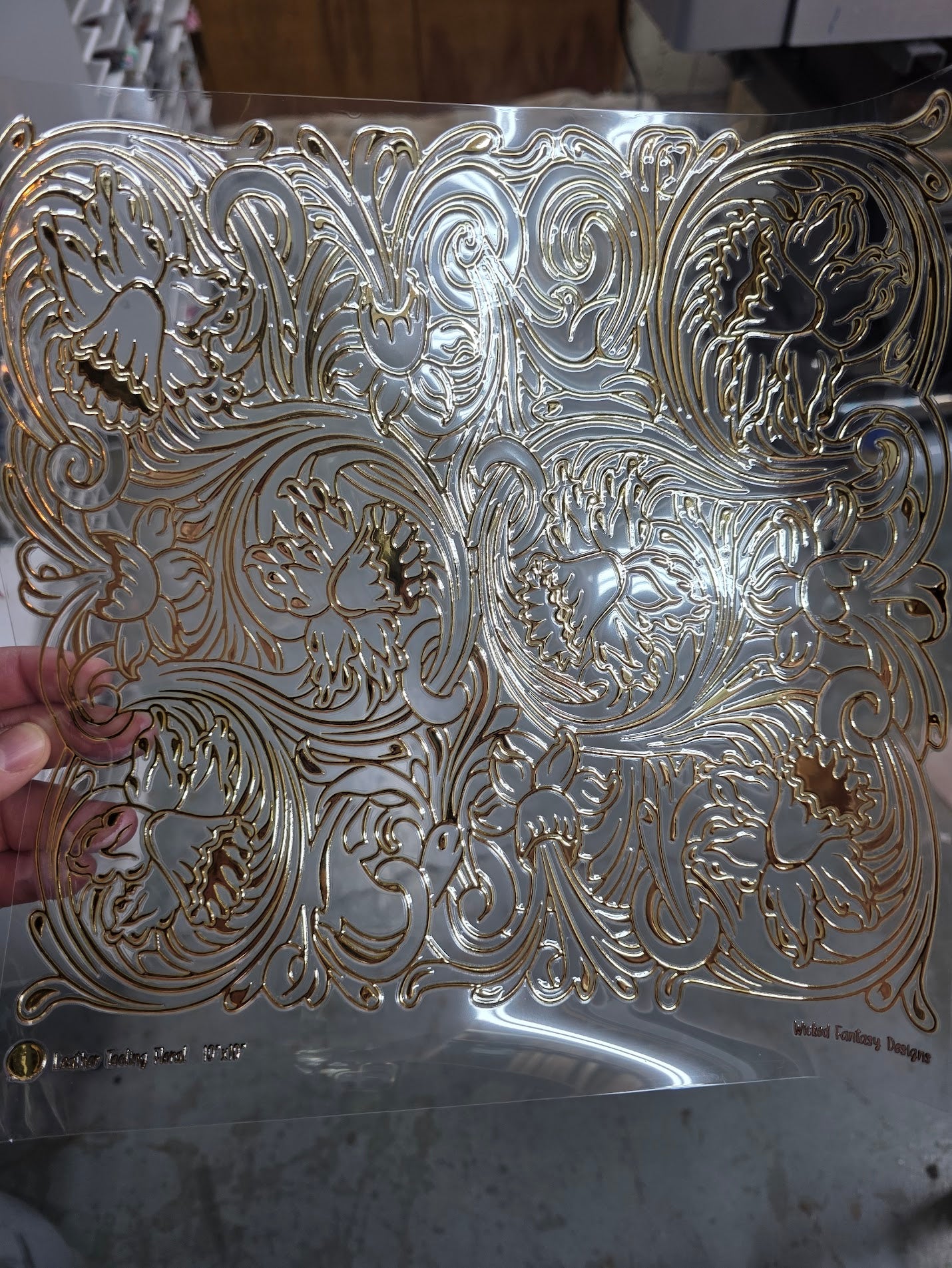 UVDTF Metallic Champagne Leather Tooling Floral 11"x11"
