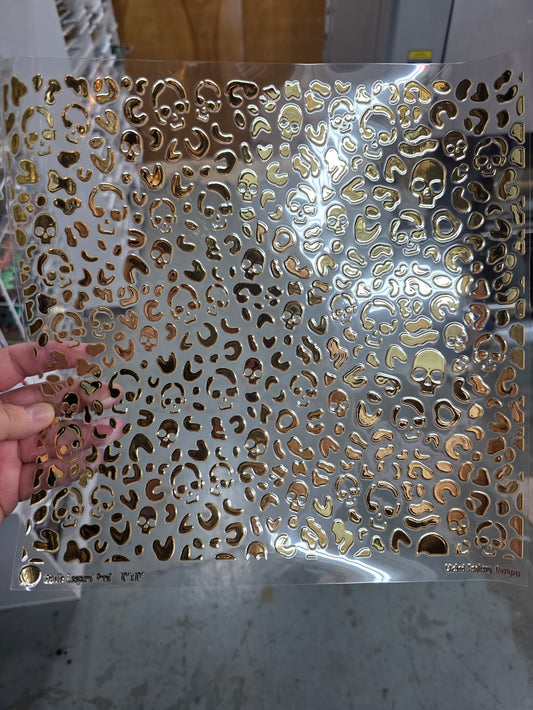 UVDTF Metallic Champagne Small Leopard Print Skulls 11"x11"
