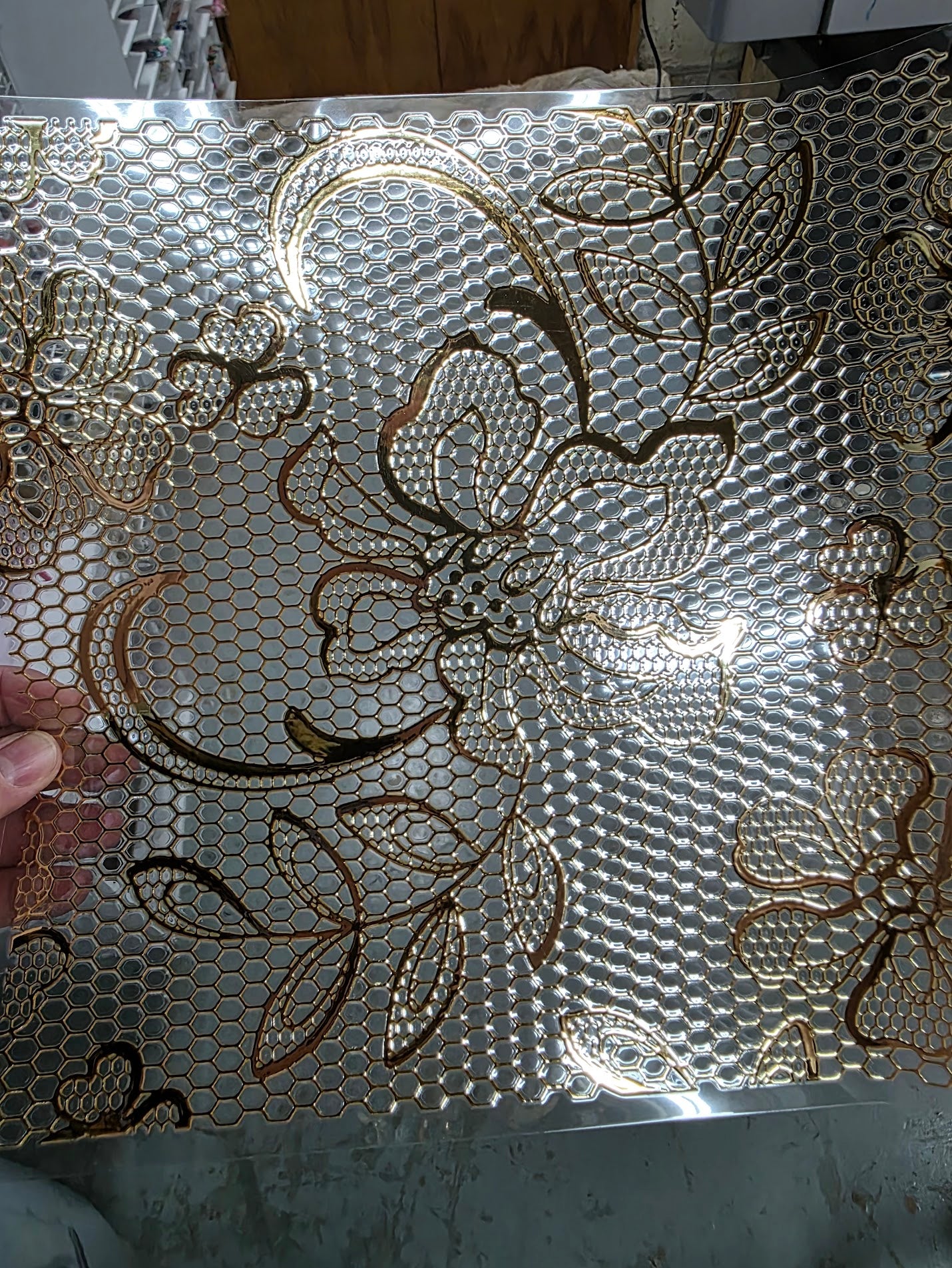 UVDTF Metallic Champagne Floral Lace  11"x11"