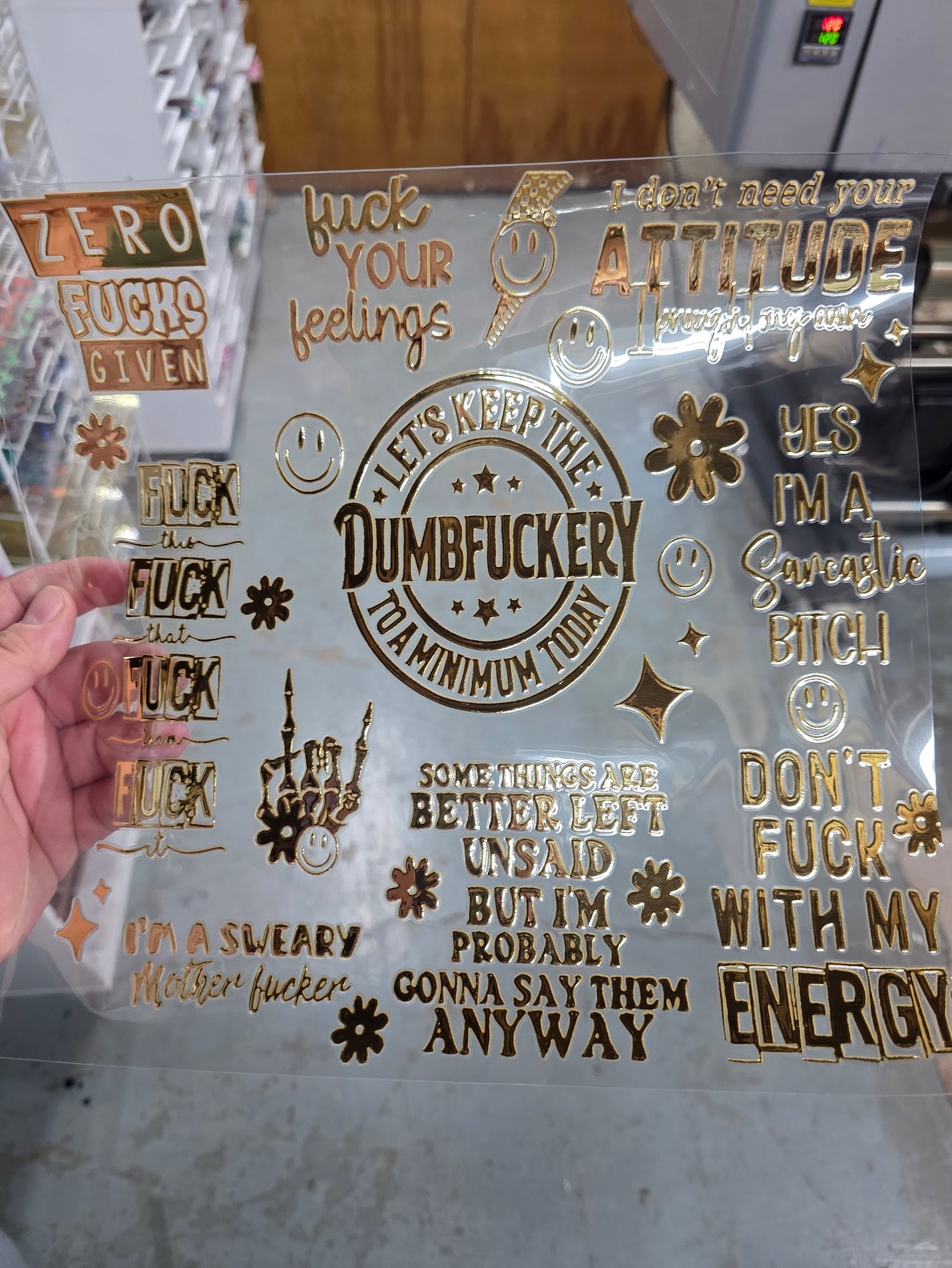 UVDTF Metallic Champagne Lets Keep the Dumbf*ckery 11"x11"