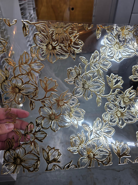 UVDTF Metallic Champagne Magnolia Blossoms Outlines 11"x11"