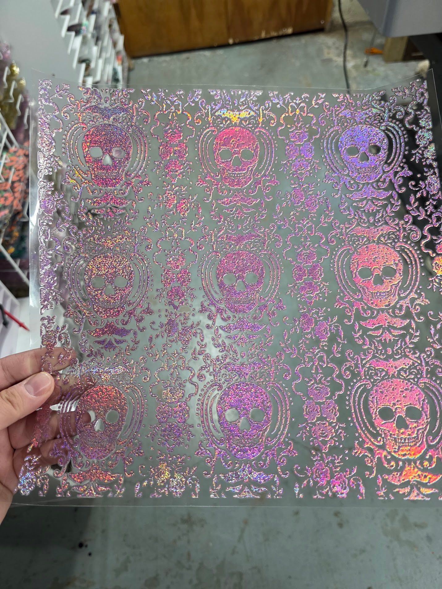 UVDTF Prism Rose Holographic Gothic Skull Damask 11"x11"