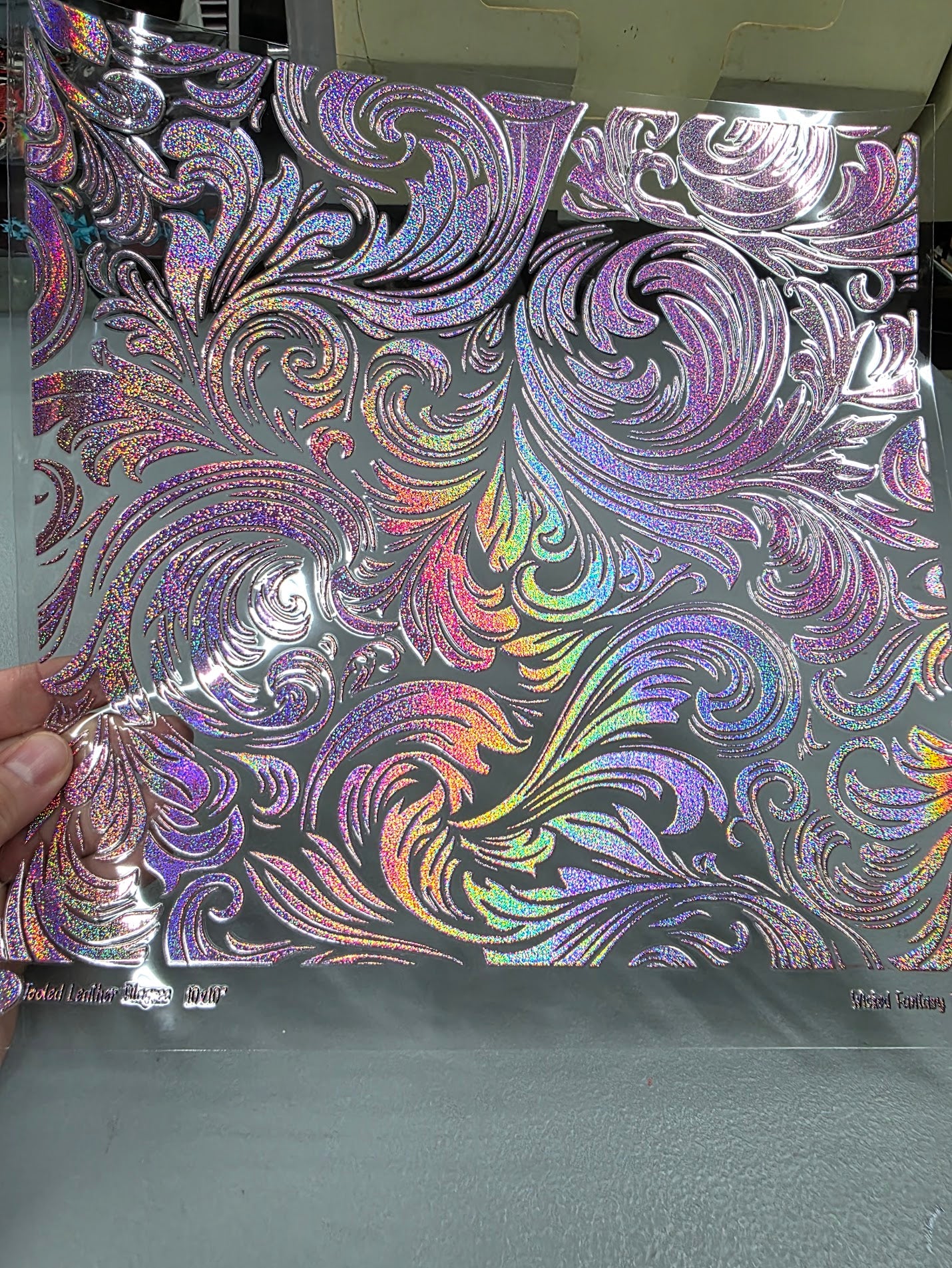 UVDTF Prism Rose Holographic Tooled Leather Filagree 11"x11"