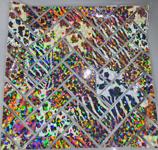 UVDTF Shattered Holographic Animal Print Patchwork Herringbone 11"x11"